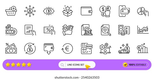 Cambiar dinero, Añadir compra y Cambiar iconos de línea de divisas para el App de Web. Paquete de documentos, billetera de dinero, iconos de pictogramas de tipo de euro. Redes, pago telefónico, carteles de billetera. Tarjeta. Barra de Búsqueda. Vector