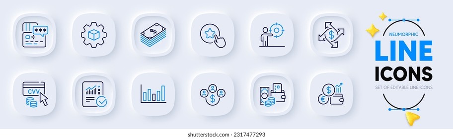 Change money, Card and Column chart line icons for web app. Pack of Buying currency, Loyalty star, Payment exchange pictogram icons. Checked calculation, Business target, Dollar signs. Vector