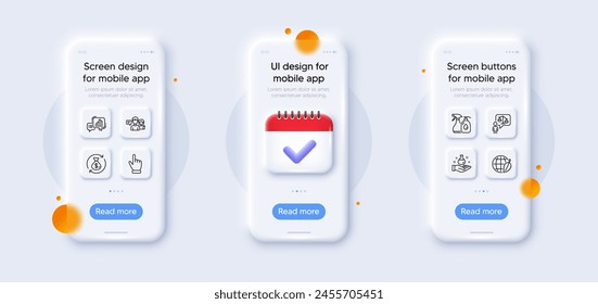 Change money, Chemistry lab and Environment day line icons pack. 3d phone mockups with calendar. Glass smartphone screen. People talking, Cleaning liquids, Graph chart web icon. Vector