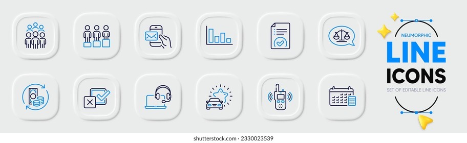 Change money, Histogram and Calendar line icons for web app. Pack of Equity, Transmitter, Messenger mail pictogram icons. Checkbox, Group people, Consult signs. Car review. Neumorphic buttons. Vector