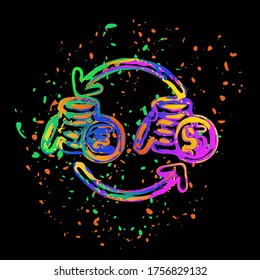 change money icon. Colored ink with splashes on black background