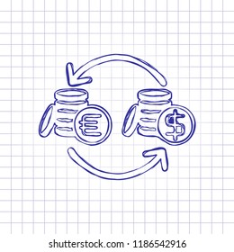 Change Money Icon. Hand Drawn Picture On Paper Sheet. Blue Ink, Outline Sketch Style. Doodle On Checkered Background