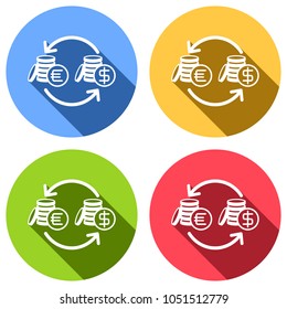 change money icon. Set of white icons with long shadow on blue, orange, green and red colored circles. Sticker style