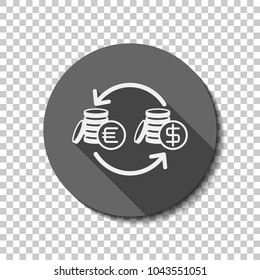 change money icon. White flat icon with long shadow in circle on transparent background