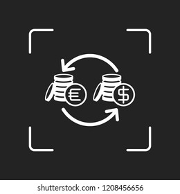 change money icon. White object in camera autofocus on dark background