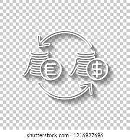 change money icon. White outline sign with shadow on transparent background