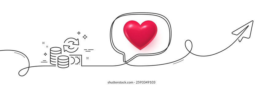 Change money line icon. Continuous line with share plane. Currency exchange sign. Transfer payment symbol. 3d heart in speech bubble. Change money single line ribbon. Loop curve pattern. Vector