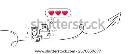 Change money line icon. Continuous line with share plane. Credit card sign. Cash payment symbol. Hearts rate review in speech bubble. Change money single line ribbon. Loop curve pattern. Vector