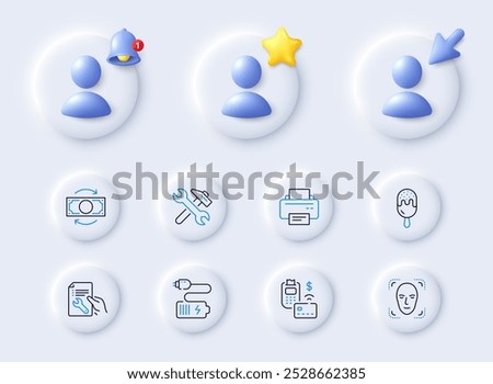 Change money, Repair document and Ice cream line icons. Placeholder with 3d cursor, bell, star. Pack of Face detection, Battery, Repair icon. Printer, Pos terminal pictogram. Vector