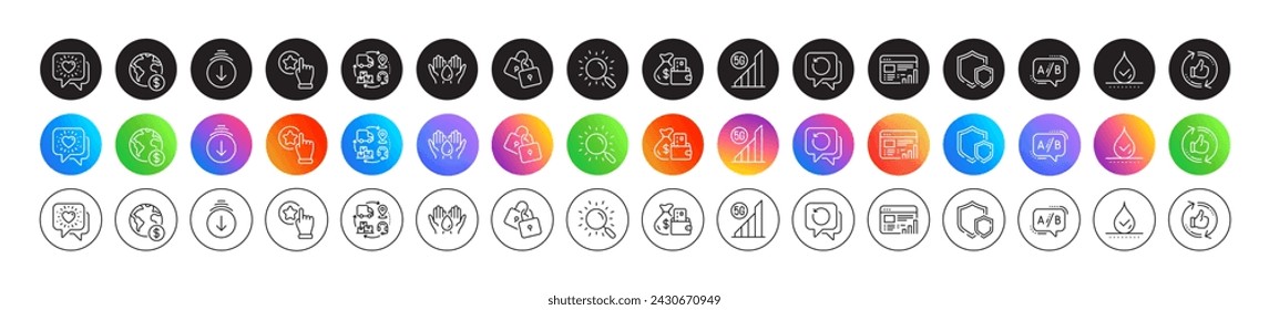 Change money, Safe water and Friends chat line icons. Round icon gradient buttons. Pack of Supply chain, Locks, Search icon. Shields, Global business, Refresh like pictogram. Vector