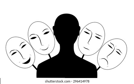 change the mood, man holding four masks on white background, vector.