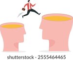 Change or move to better opportunity, entrepreneurship, escape from comfort zone or safe zone, determination or new challenge concept, confident businessman jump from small fishbowl to the better one.