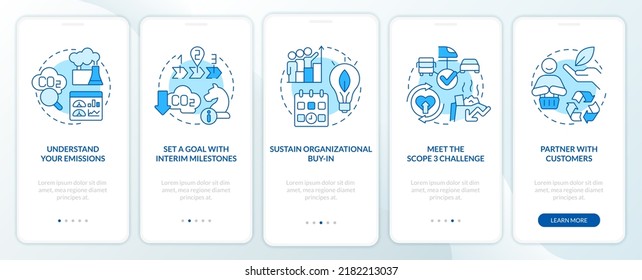Change to net zero blue onboarding mobile app screen. Reduce emissions walkthrough 5 steps editable graphic instructions with linear concepts. UI, UX, GUI template. Myriad Pro-Bold, Regular fonts used