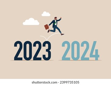 Cambio a un futuro brillante para los nuevos negocios, superación de las dificultades de los negocios. Empresarios superan la brecha del año entre 2023 y 2024. Ilustración vectorial plana