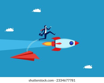 Change a new business that is better than before. Businessman jumping from paper plane to rocket 