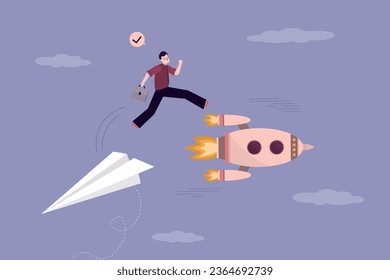 Change new business that is better than before. Businessman jumping from falling paper plane to fast rocket. Advantage of new technologies over old ones in business and work. Smart entrepreneur.