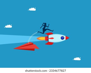 Change a new career path. Businesswoman jumping from paper plane to rocket 