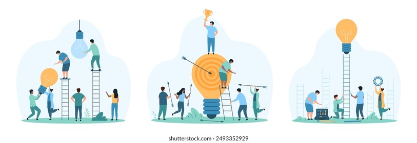 Change to new innovation, business goal achievement and solution set. Tiny people replace dark light bulb, climb up ladder to reach lamp, employees hit target with arrows cartoon vector illustration