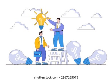 Change to new innovation, business, or solution to disrupt or replace an outdated model with bright technology concepts. Success businessman leader give another businessman new idea lightbulb.