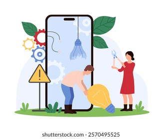 Change to new innovation, smart solution in mobile app development, software evolution. Tiny people replace broken dark light bulb on smartphone screen to bright lamp cartoon vector illustration