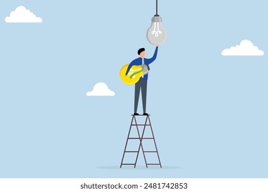 Change to new innovation, successful business manager climb ladder to change light bulb idea.