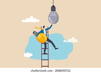 Change to new innovation, transform to new business, solution to disrupt or replace old model with bright technology concept, success businessman leader climb up ladder to change lightbulb idea.