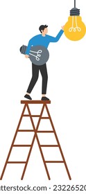 Change to new innovation, transform to new business, Solution to disrupt or replace old model with bright technology, Leader climb up ladder to change lightbulb idea

