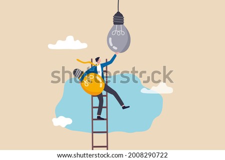 Change to new innovation, transform to new business, solution to disrupt or replace old model with bright technology concept, success businessman leader climb up ladder to change lightbulb idea.