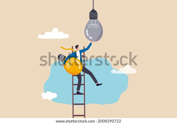 Change to new innovation, transform to new\
business, solution to disrupt or replace old model with bright\
technology concept, success businessman leader climb up ladder to\
change lightbulb idea.