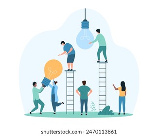 Change to new innovation, transform solutions with creative ideas, improvement and reorganization of management. Tiny people replace dark old light bulb with bright lamp, cartoon vector illustration