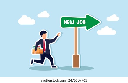 Change to a new job or career for challenges, success, and advancement opportunities, concept of businessman employee carrying stuffs changing to new job