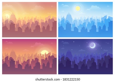 Change of night and day in city, town cartoon set. Cityscape during sunrise, morning, afternoon, evening, sunset, midnight. Urban landscape with skyscrapers, sun, moon. Vector flat collection.