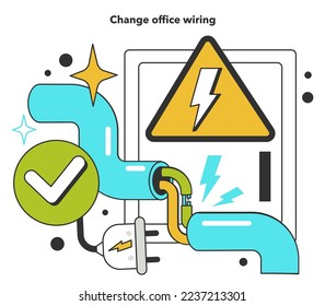 Change office wiring for energy efficiency at work. How to low office utility cost, electricity consumption reduction. Inflation or economic recession effect. Flat vector illustration