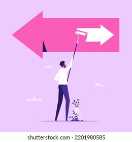 Change to opposite direction, hesitate business decision to change to better opportunity, conflict or reverse direction, career path concept, businessman paint opposite direction arrow on arrow sign