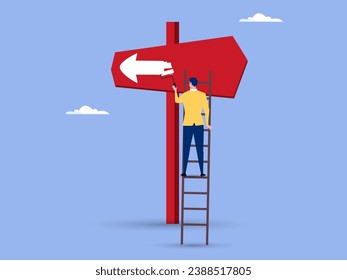 Change to opposite direction, hesitate business decision to change to better opportunity, conflict or reverse direction, career path concept, businessman paint opposite direction arrow on arrow sign.