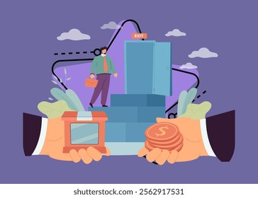 Change of ownership and sale of company by owner. Businessman selling, climbing to exit door of business, entrepreneurs hands making deal flat vector illustration. Bankruptcy, trade, buyout concept