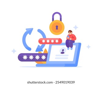change password concept. update or change account security and protection system. system and lock code. illustration of man changing his laptop password. flat style design. element