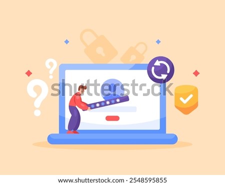 change password concept. update or change account security and protection system. system and lock code. illustration of man changing his laptop password. flat style design. element