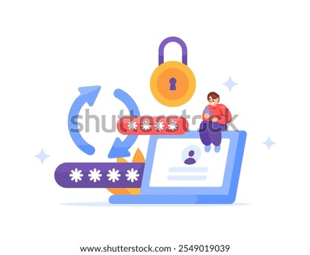 change password concept. update or change account security and protection system. system and lock code. illustration of man changing his laptop password. flat style design. element