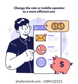 Change the rate or mobile operator to a more efficient one to optimize your expenses. Useful guidance for efficient household budgeting and economy. Expenses management. Flat vector illustration