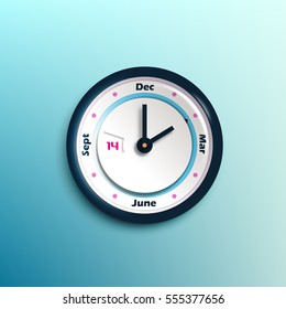 Change of seasons in round clock concept with calendar. Modern vector clock
