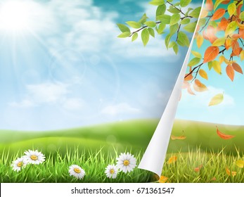 Change of seasons from summer to autumn. Turning the page is summer, after which autumn comes. Concept seasonal vector illustration with landscape.