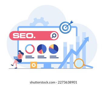 Change SEO ranking position. Search screen page with magnifier . Vector illustration flat design style. SEO, Search Engine Optimization, Top ranking Concept, Flat Vector