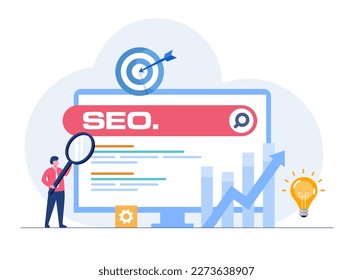 Cambiar posición de clasificación SEO. Buscar página de pantalla con amplificador. Estilo de diseño plano de ilustración vectorial. SEO, Optimización de motores de búsqueda, Concepto de clasificación superior, Vector plano