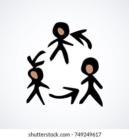 Change sharing of 3 figure on white background. render help talk idea concept. Freehand outline black ink hand drawn emblem sketch in art modern doodle cartoon style pen on paper with space for text