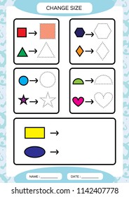 Change size. Different shape sizes. Small, large. Learning Basic Shapes. Color, Trace, and Draw. Worksheet for preschool kids. Practicing motor skills. Square circle oval triangle on blue Vector