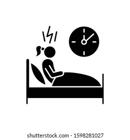 Change In Sleep Pattern Glyph Icon. Insomnia. Troubled Woman. Stress And Anxiety. Sleep Deprivation. Restless Girl At Night. Silhouette Symbol. Negative Space. Vector Isolated Illustration