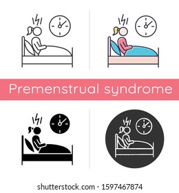 Change in sleep pattern icon. Insomnia. Troubled woman. Stress and anxiety. Person awake in bed. Sleep deprivation. Restless girl. Flat design, linear and color styles. Isolated vector illustrations