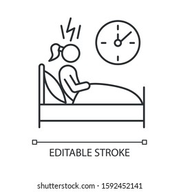 Change In Sleep Pattern Linear Icon. Insomnia. Troubled Woman. Stress And Anxiety. Sleep Deprivation. Thin Line Illustration. Contour Symbol. Vector Isolated Outline Drawing. Editable Stroke