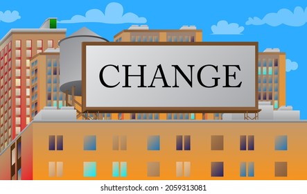 Change text on a billboard sign atop a brick building. Outdoor advertising in the city. Large banner on roof top of a brick architecture.